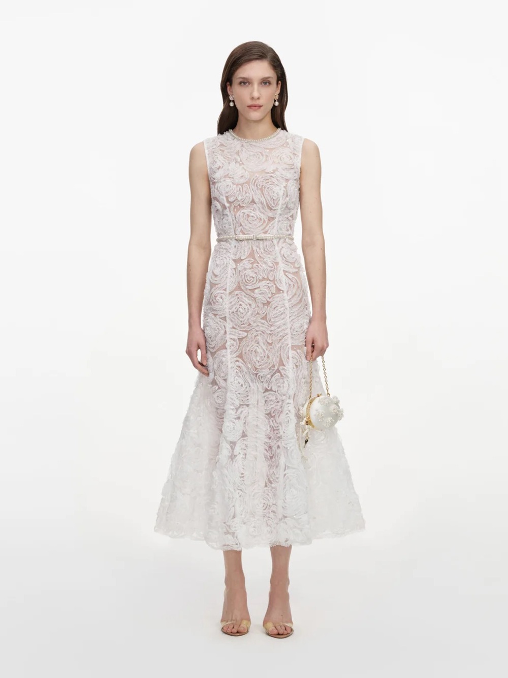 Self-Portrait White Tulle Floral Lace Midi Evening Party Dress